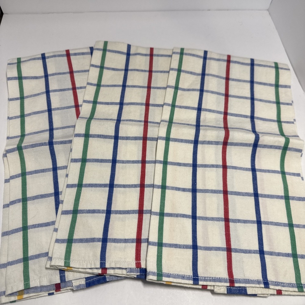VTG Linen Tea Towels Lot 3 Linen Checked Primary Colors Kitchen - Picture 1 of 5
